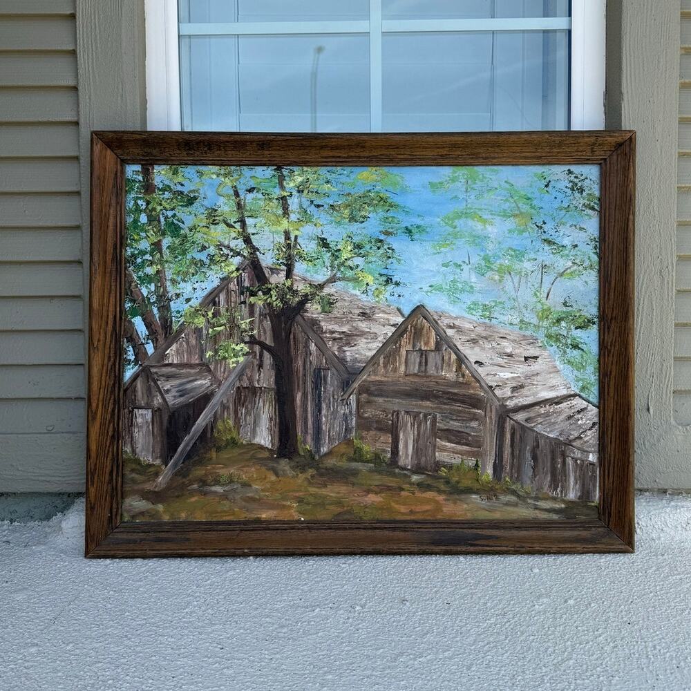 Vintage original framed oil painting depicting rustic country barn scene signed